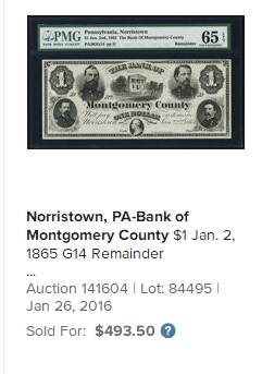 【Blue Auction】✨世界纸币精拍第368期——格雷伯爵夫妇  【四将军钞】美国 宾夕法尼亚州 1865年1美金 全新UNC 该银行成立于1814年，经历了几次战争和金融恐慌，于1865年成为诺里斯敦的蒙哥马利国家银行。这张钞票总是很受欢迎，北方军的沙尔上校、斯莱默将军、汉考克将军和哈特兰夫特将军出现在这张钞票上，这四名军官都与诺里斯顿有联系，他们曾在那里接受过教育、生活过或埋葬。银行大楼的装饰图案和华盛顿的小椭圆形肖像构成了整个设计。