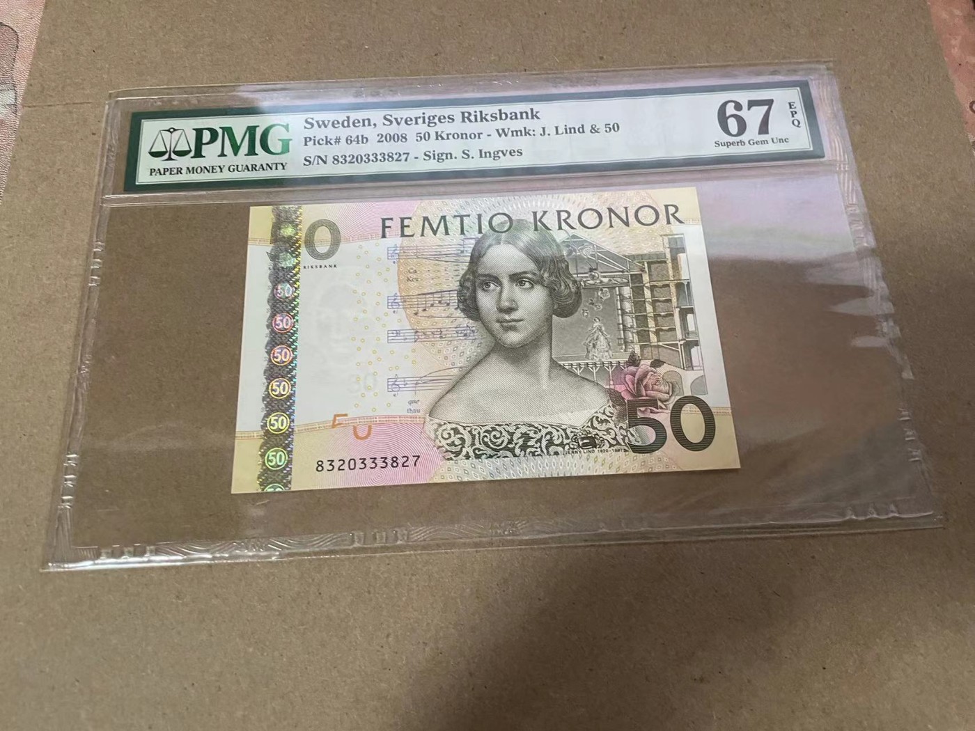 【Blue Auction】✨世界纸币精拍第368期——格雷伯爵夫妇 瑞典 2008年50克朗 PMG67EPQ 夜莺