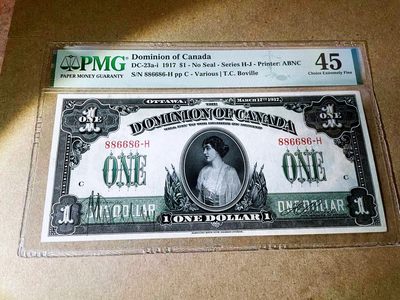 【Blue Auction】✨世界纸币精拍第368期——格雷伯爵夫妇 - 【手签 号码天花板 数二倒置靓号 886686】加拿大 早期 自治领 1917年1元 PMG45 状态佳 ABNC出品雕刻精美 人像为维多利亚女王孙女帕特丽夏公主 为了爱情下嫁平民亚历山大（没有接受公爵封号，喜欢军队的生涯，最后升至海军上将） 背面为国会大厦 有轻微沾到手签墨水 