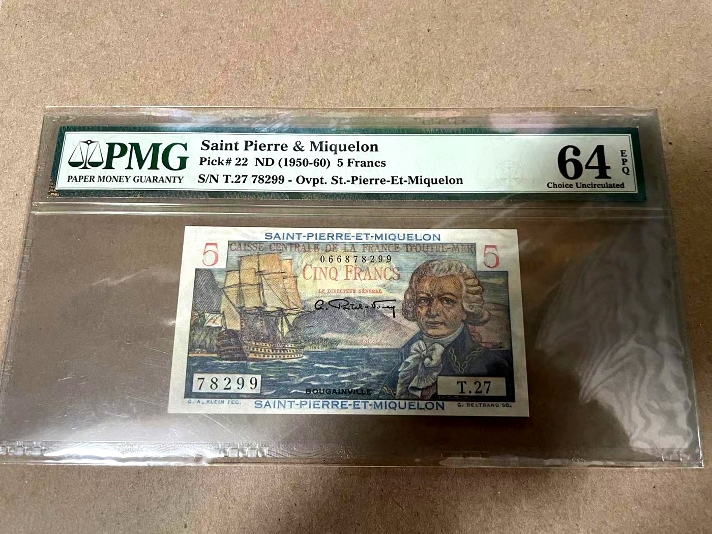 【Blue Auction】✨世界纸币精拍第368期——格雷伯爵夫妇 圣皮埃尔和密克隆 1950-60年5法郎 PMG64EPQ
