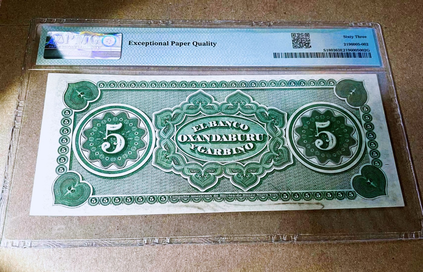 【Blue Auction】✨世界纸币精拍第368期——格雷伯爵夫妇 【手签实钞 610小号倒置号 唯一冠军分仅4个记录 该面值好品罕见】阿根廷早期 1869年5比索 守着宝箱的狗狗 人像雕刻精美 PMG63EPQ 全新原票 实物非常漂亮