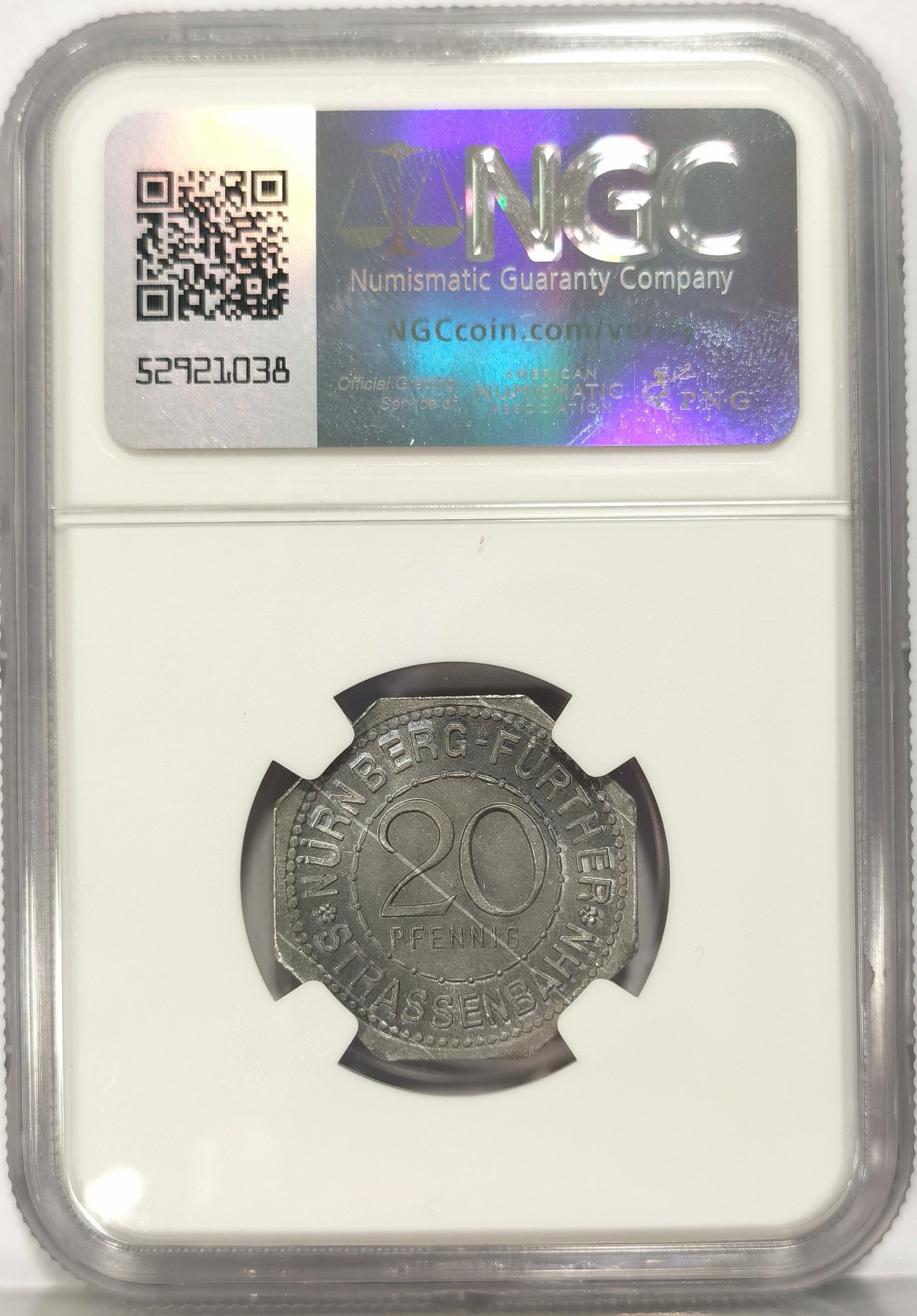 博洋堂世界钱币拍卖第042期周六场（全场包邮）本周五、周六二场连拍 NGC MS65 德国德紧1920年纽伦堡电车代用币20芬尼八角铝币2