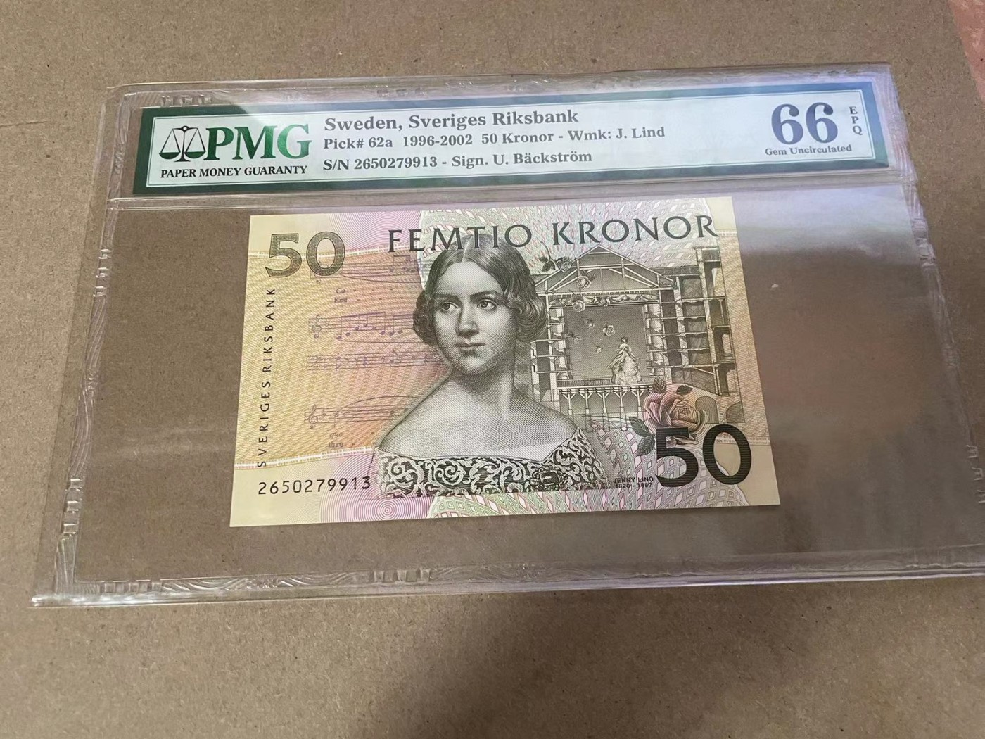 【Blue Auction】✨世界纸币精拍第368期——格雷伯爵夫妇 【初版】瑞典 1996-2002年50克朗 PMG66EPQ 夜莺