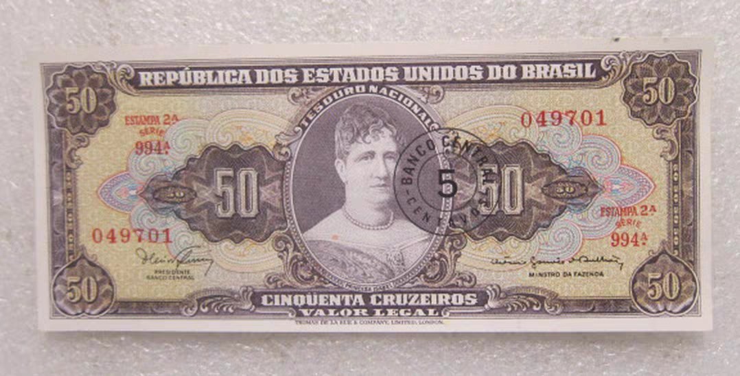 九月九，战地黄花分外香 巴西50克鲁塞罗 纸币 加盖5生丁 1966-67年版外国钱币 有黄斑漏墨