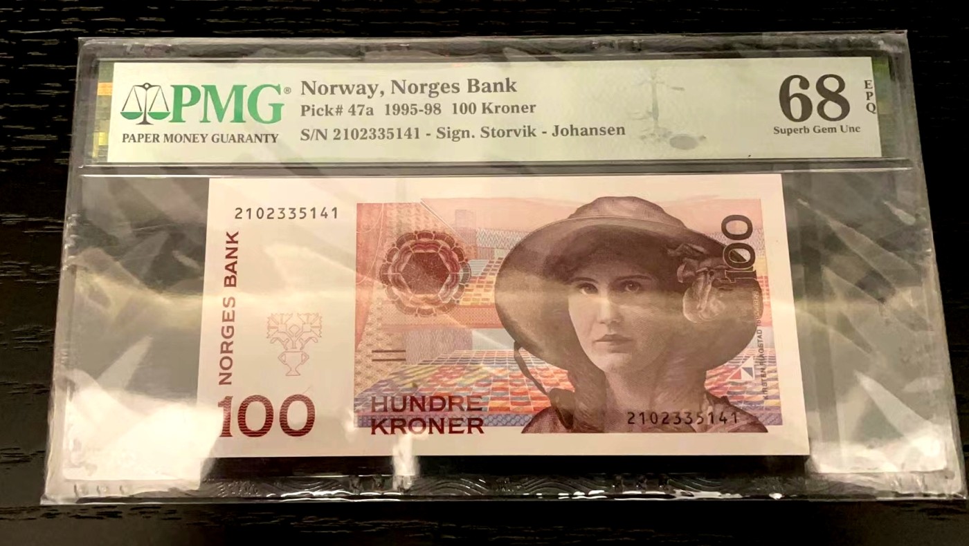 【Blue Auction】✨世界纸币精拍第368期——格雷伯爵夫妇 【初版 亚军分】挪威 1995-98年100克朗 PMG68EPQ 超高分