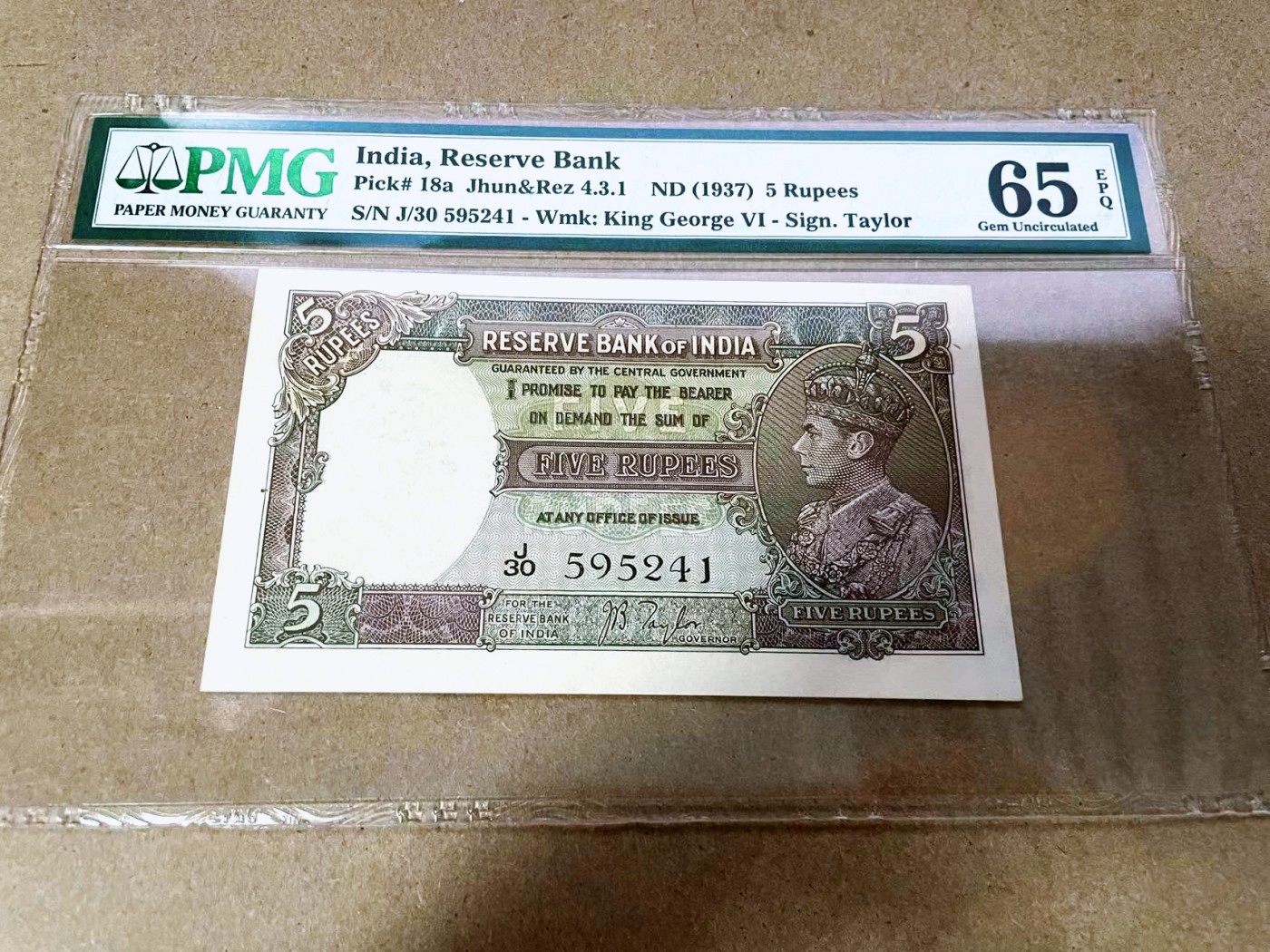 【Blue Auction】✨世界纸币精拍第368期——格雷伯爵夫妇 印度 1937年5卢比 英王乔六 PMG65EPQ 绝品 升值品种