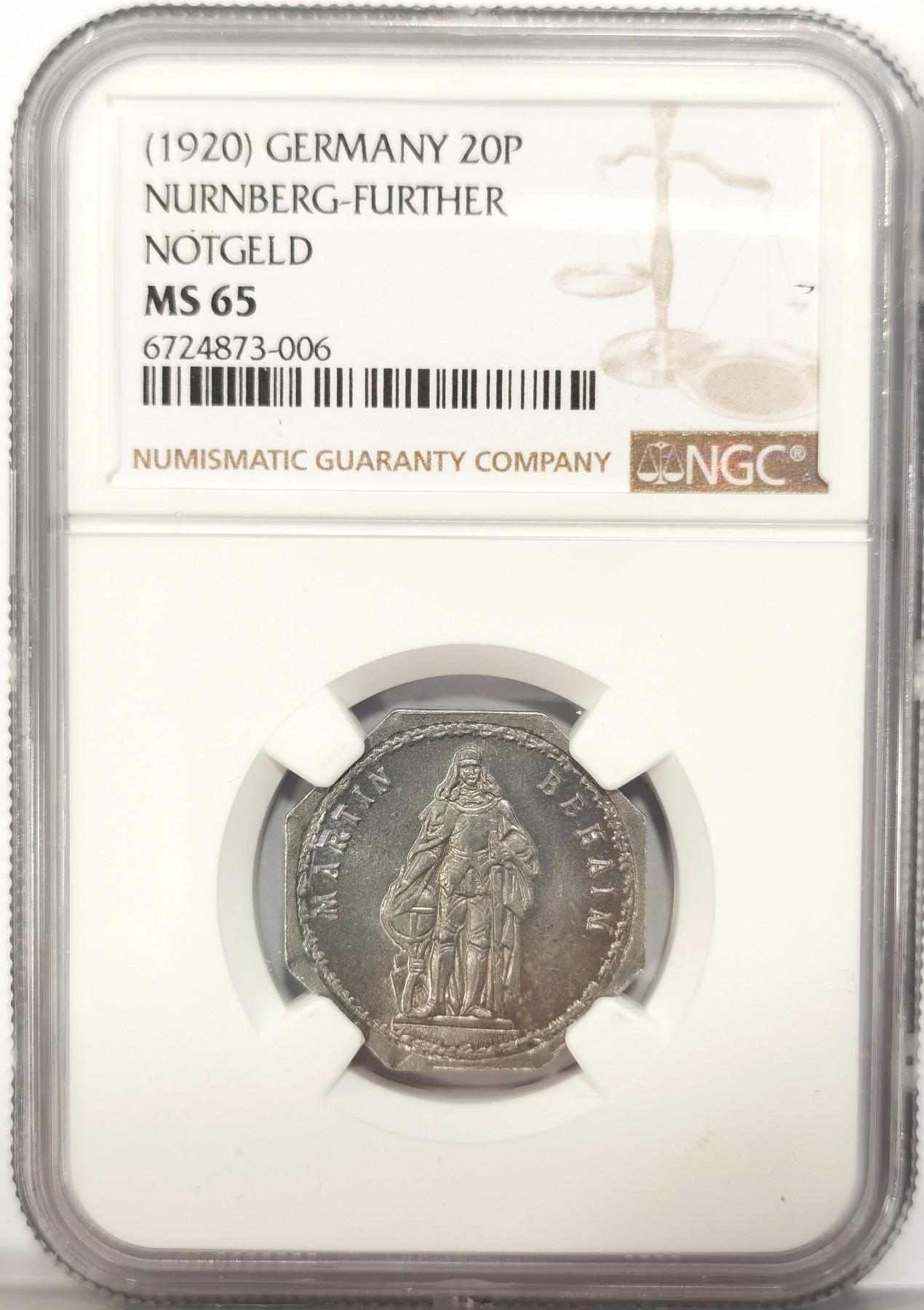 博洋堂世界钱币拍卖第042期周六场（全场包邮）本周五、周六二场连拍 NGC MS65 德国德紧1920年纽伦堡电车代用币20芬尼八角铝币2