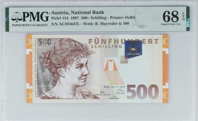 《张总收藏》118期-外币超精品合集 - <美>奥地利1997年500先令PMG68E超高亚军 稀少品种 冠军69分仅1张 正面是作家及女权活动家罗莎·梅雷德 背面罗莎夫妇和众人