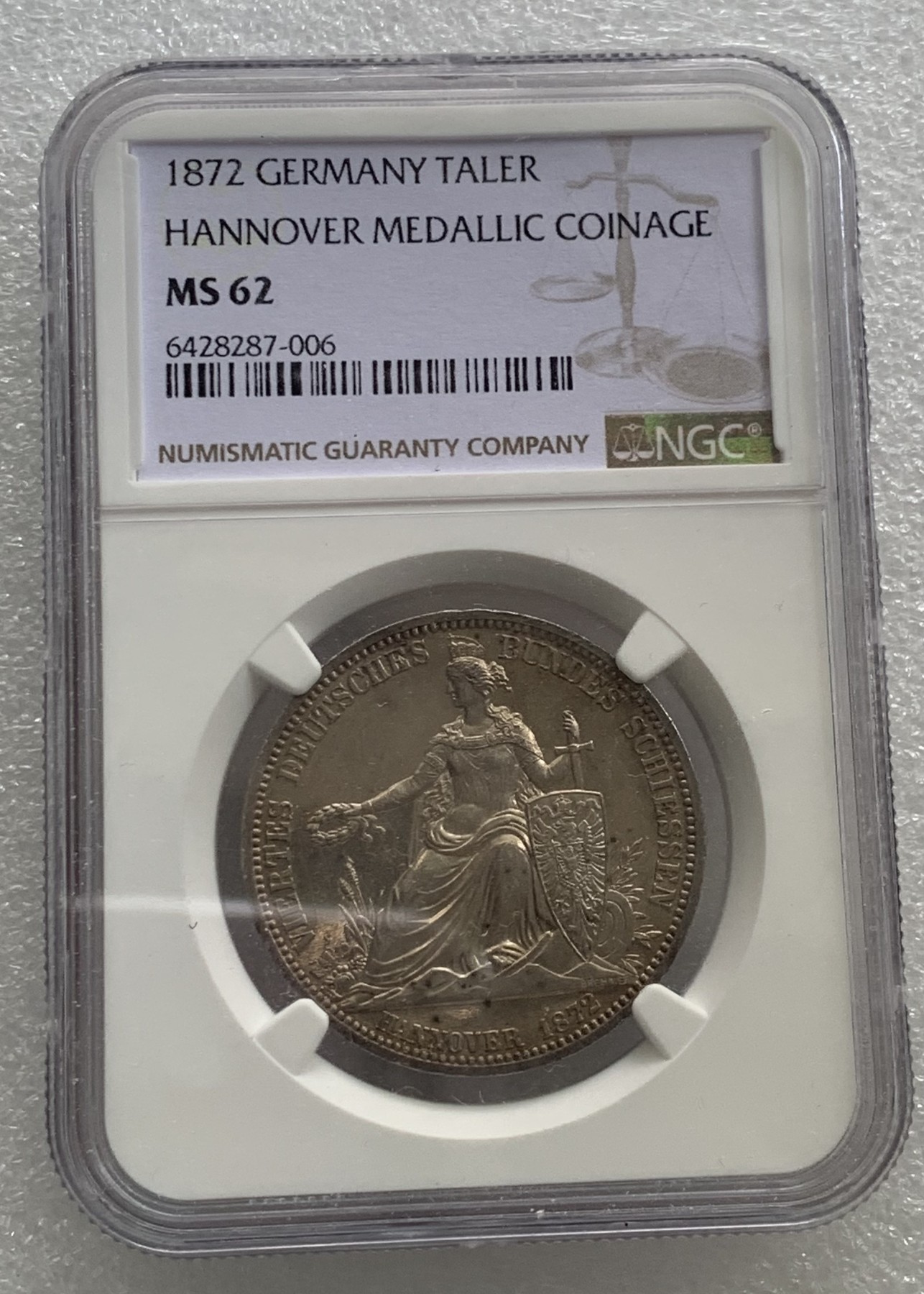 瓶子🏺第108期拍卖会  德邦1872年汉诺威胜利女神1泰勒银币  NGC MS62