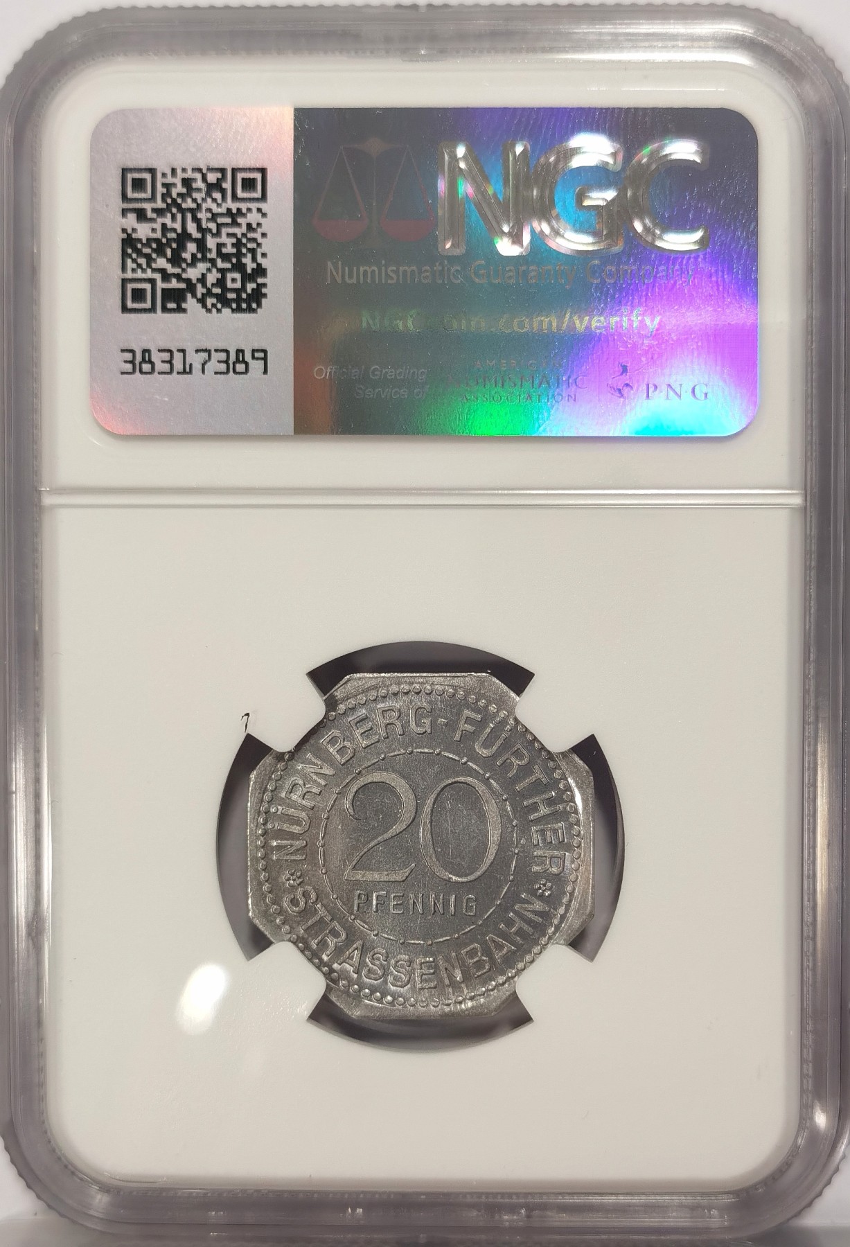 博洋堂世界钱币拍卖第042期周六场（全场包邮）本周五、周六二场连拍 NGC MS64 德国德紧1920年纽伦堡电车代用币20芬尼八角铝币1