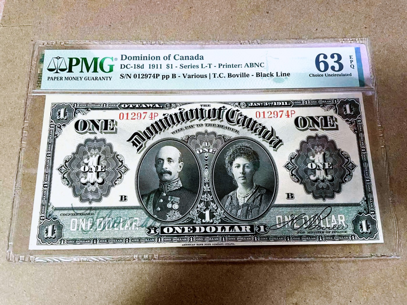 【Blue Auction】✨世界纸币精拍第368期——格雷伯爵夫妇 【手签 百年风云 历史印记】加拿大早期 自治领 1911年1元 人像为格雷伯爵夫妇  PMG63EPQ 全新原票 ABNC出品雕刻精美 背面为国会大厦 高分值得收藏
