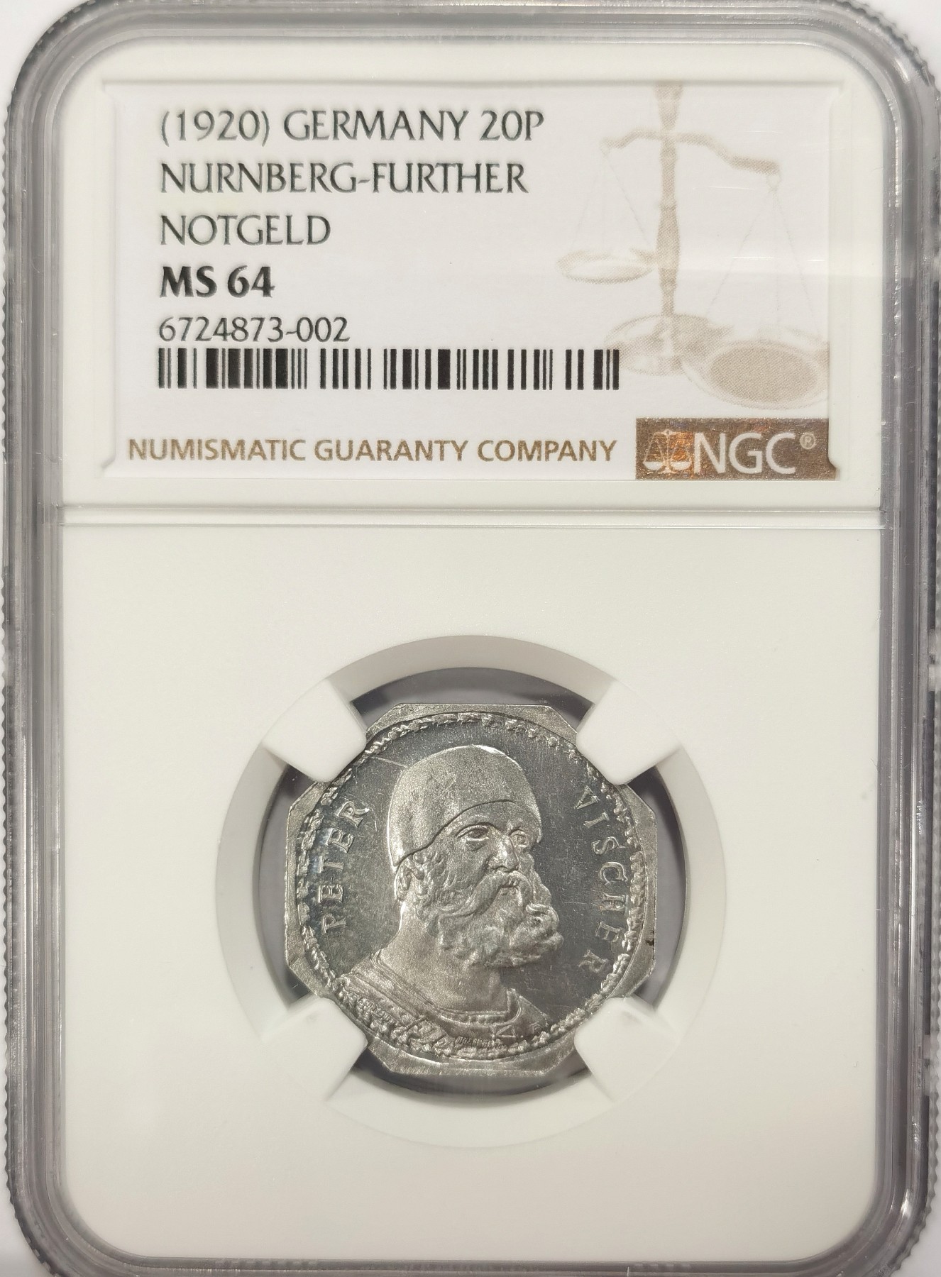 博洋堂世界钱币拍卖第042期周六场（全场包邮）本周五、周六二场连拍 NGC MS64 德国德紧1920年纽伦堡电车代用币20芬尼八角铝币1