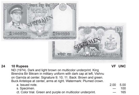 【Blue Auction】✨世界纸币精拍第368期——格雷伯爵夫妇  【亚军分 仅1张更高分 CTS试色样票少见】尼泊尔 1974年10卢比 PMG66EPQ  比兰德拉国王 黑羚羊 