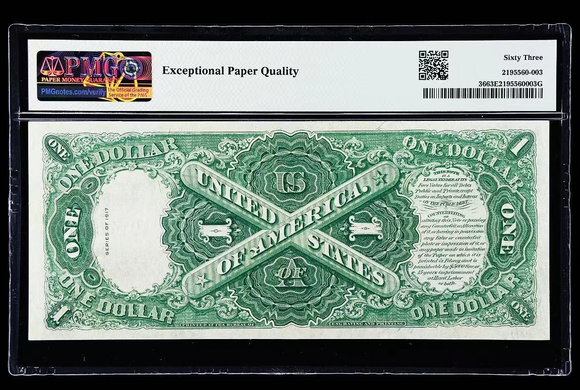 【Blue Auction】✨世界纸币精拍第368期——格雷伯爵夫妇 【升值品种 5位短号版较少见】美国联邦政府 1917年1美金 PMG63EPQ 大票幅 双面雕刻精美绿钞 征服者登陆 华盛顿头像 