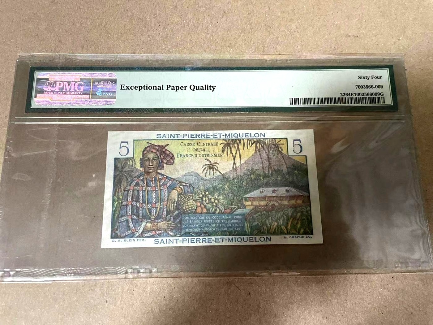 【Blue Auction】✨世界纸币精拍第368期——格雷伯爵夫妇 圣皮埃尔和密克隆 1950-60年5法郎 PMG64EPQ