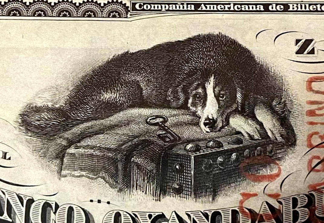 【Blue Auction】✨世界纸币精拍第368期——格雷伯爵夫妇 【手签实钞 610小号倒置号 唯一冠军分仅4个记录 该面值好品罕见】阿根廷早期 1869年5比索 守着宝箱的狗狗 人像雕刻精美 PMG63EPQ 全新原票 实物非常漂亮