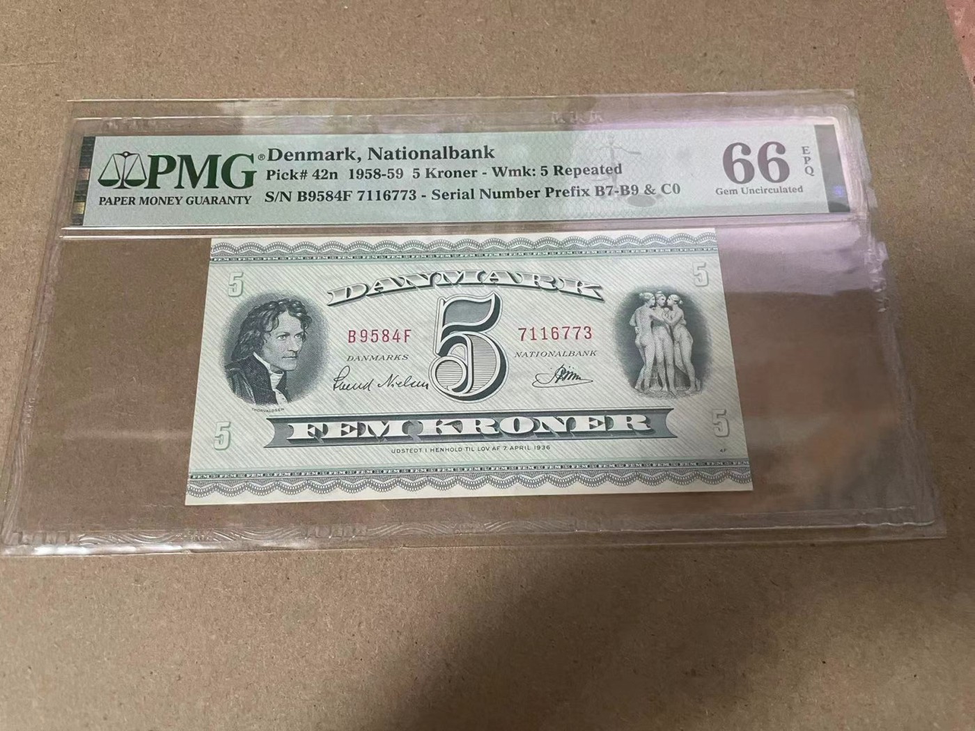 【Blue Auction】✨世界纸币精拍第368期——格雷伯爵夫妇  丹麦 1958-59年5克朗 PMG66EPQ 三裸女 经典 