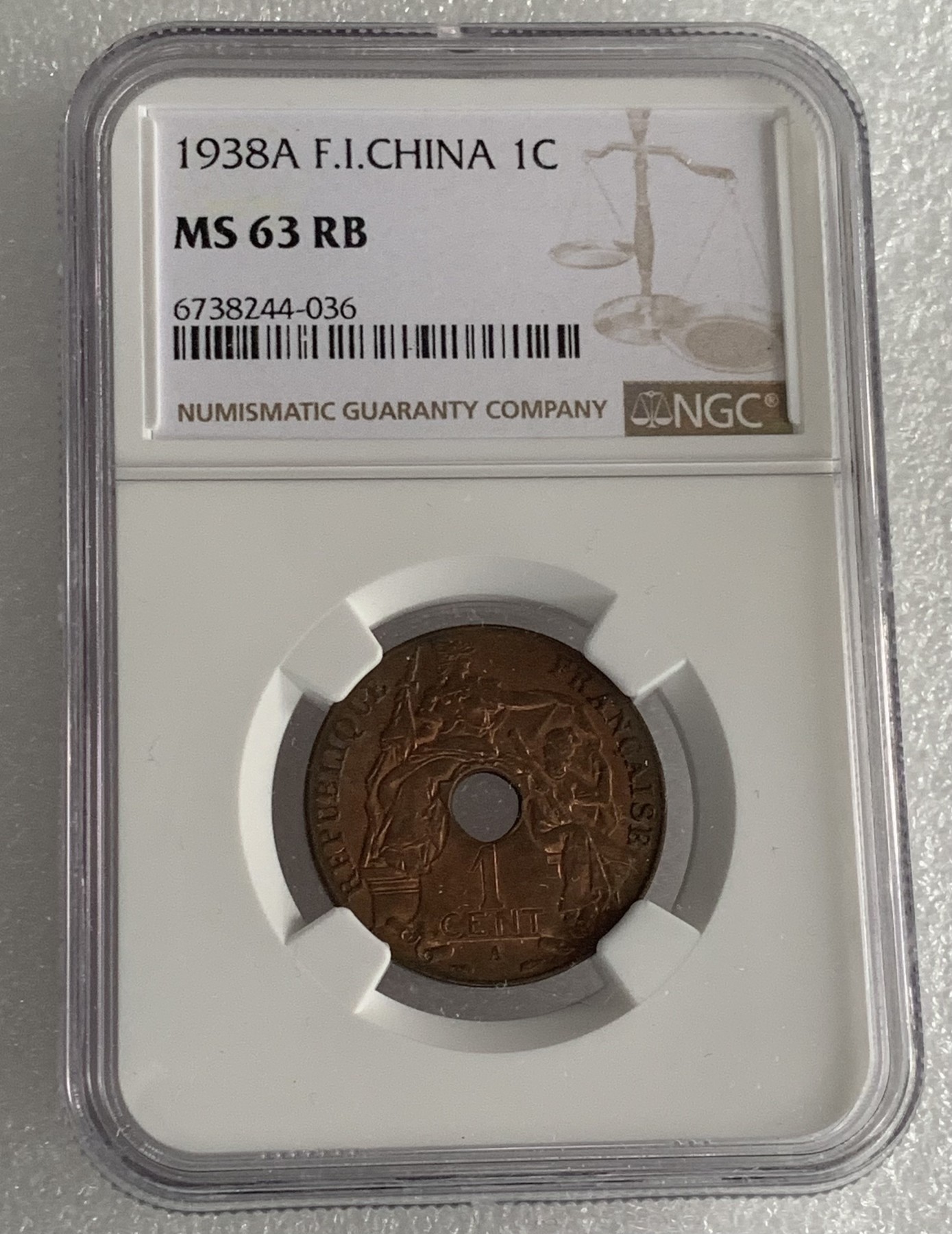 瓶子🏺第108期拍卖会  法属印度支那1938年百分之一铜币  NGC MS63