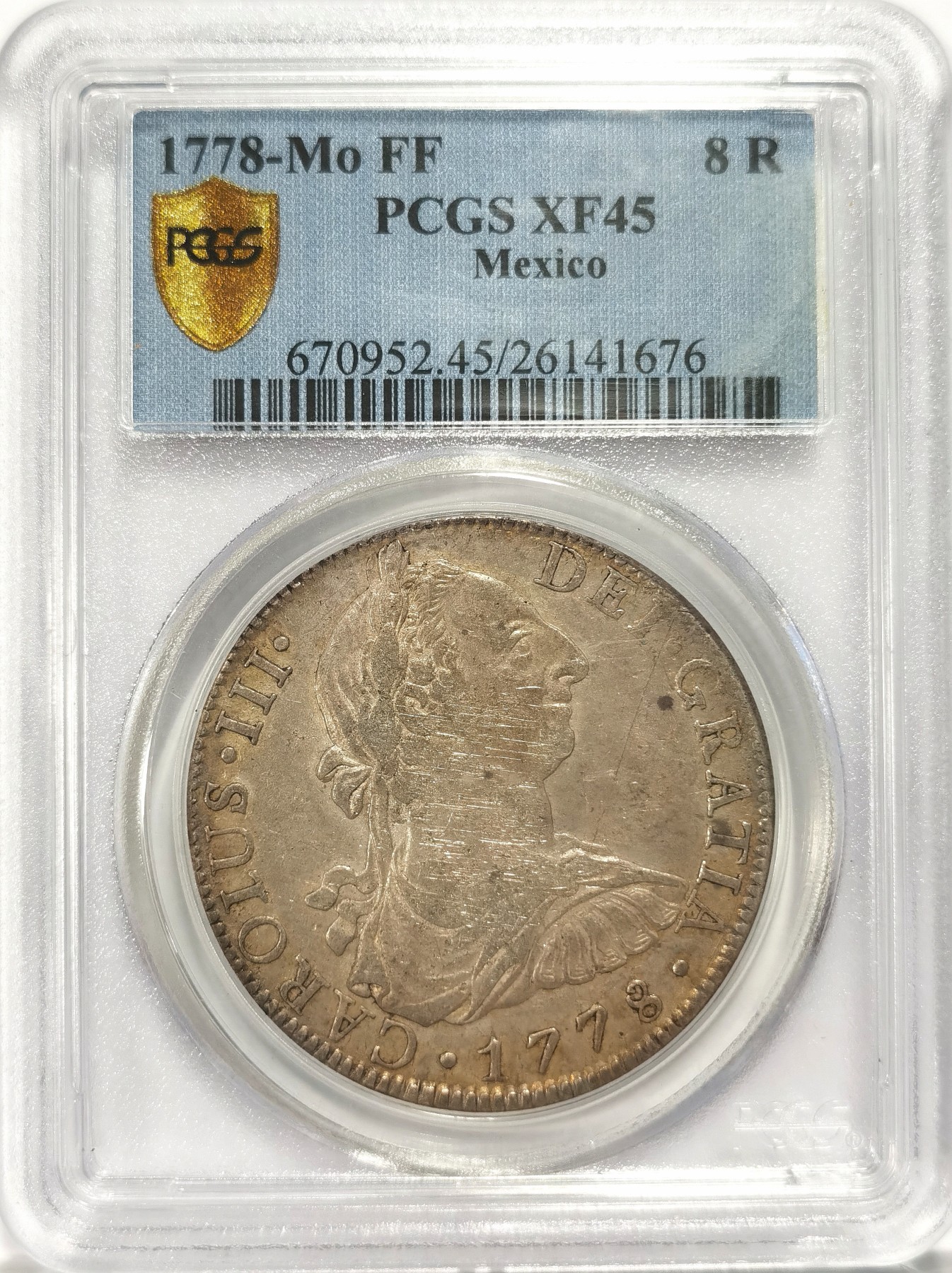 博洋堂世界钱币拍卖第042期周六场（全场包邮）本周五、周六二场连拍 PCGS XF45 西属墨西哥1778年MO FF版卡三双柱，原味包浆