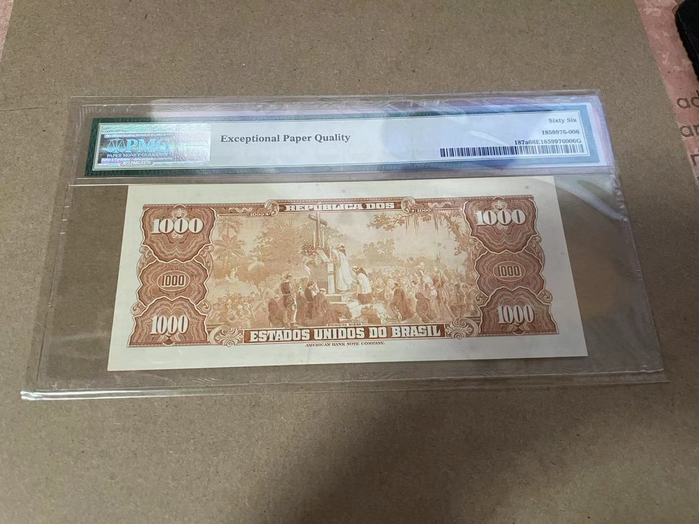 【Blue Auction】✨世界纸币精拍第368期——格雷伯爵夫妇 巴西 1966-67年1克鲁塞罗加盖 PMG66EPQ 背面大场景