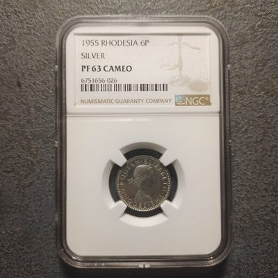 0起1加-纯粹捡漏拍-233套币银币包邮场 - 【稀少】英属罗德西亚和尼亚萨兰1955年6便士精制银币-量2000-NGC PF63CAMEO