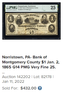 【Blue Auction】✨世界纸币精拍第368期——格雷伯爵夫妇  【四将军钞】美国 宾夕法尼亚州 1865年1美金 全新UNC 该银行成立于1814年，经历了几次战争和金融恐慌，于1865年成为诺里斯敦的蒙哥马利国家银行。这张钞票总是很受欢迎，北方军的沙尔上校、斯莱默将军、汉考克将军和哈特兰夫特将军出现在这张钞票上，这四名军官都与诺里斯顿有联系，他们曾在那里接受过教育、生活过或埋葬。银行大楼的装饰图案和华盛顿的小椭圆形肖像构成了整个设计。