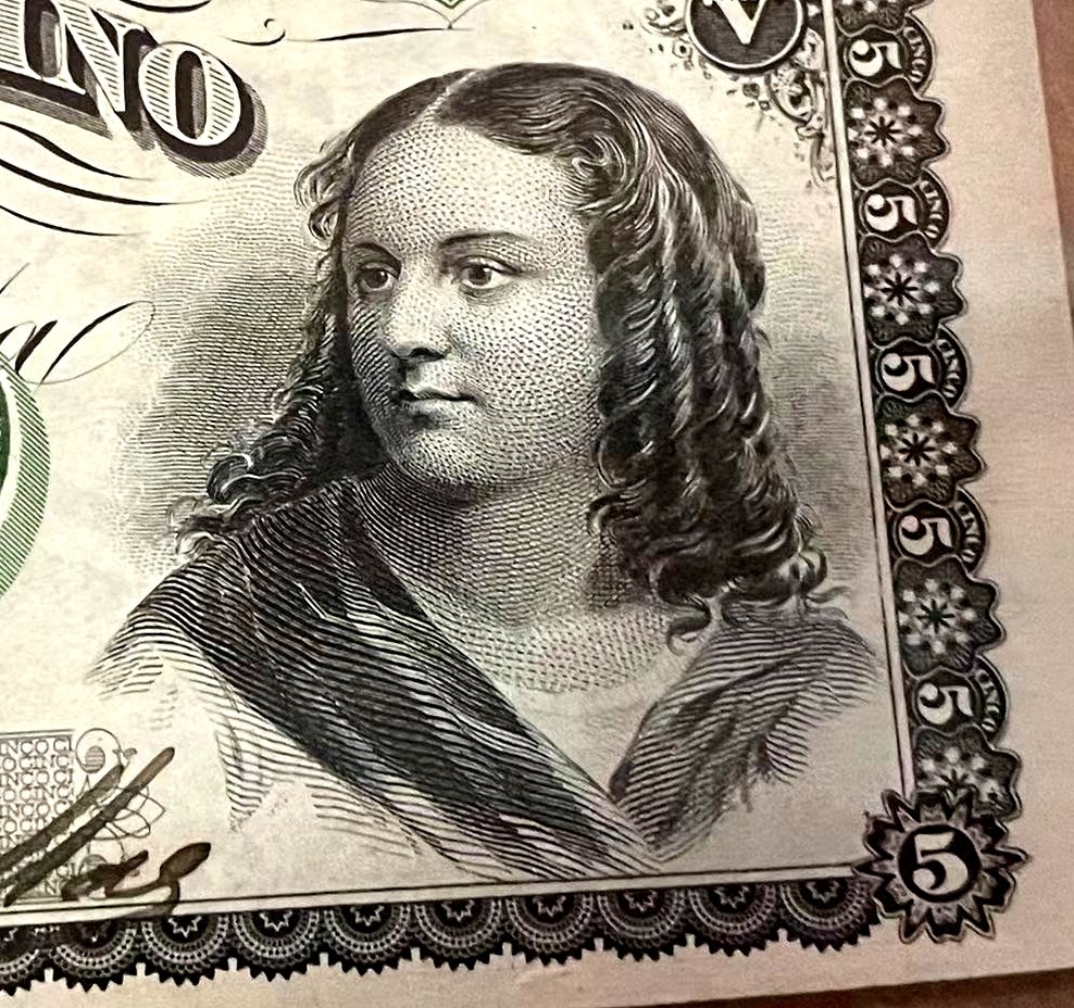 【Blue Auction】✨世界纸币精拍第368期——格雷伯爵夫妇 【手签实钞 610小号倒置号 唯一冠军分仅4个记录 该面值好品罕见】阿根廷早期 1869年5比索 守着宝箱的狗狗 人像雕刻精美 PMG63EPQ 全新原票 实物非常漂亮