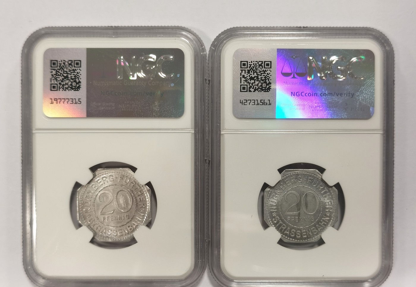 博洋堂世界钱币拍卖第042期周六场（全场包邮）本周五、周六二场连拍 NGC MS63 德国德紧1920年纽伦堡电车代用币20芬尼八角铝币2枚一组