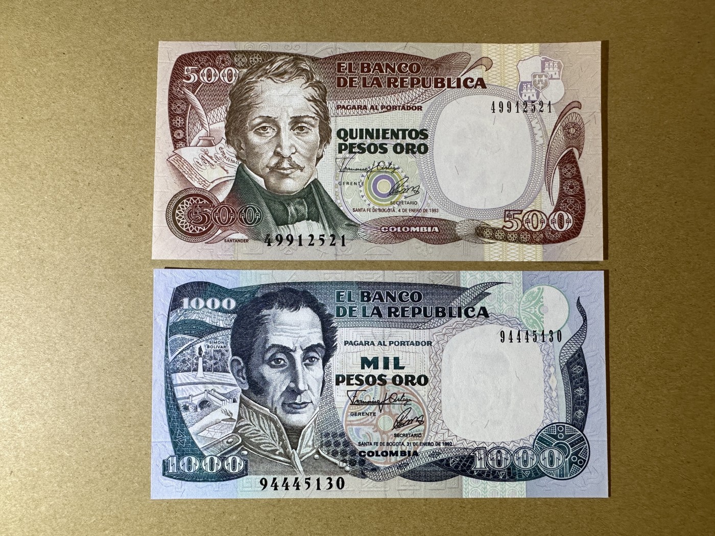 《张总收藏》118期-外币超精品合集 哥伦比亚500、1000比索2张 UNC 1993年