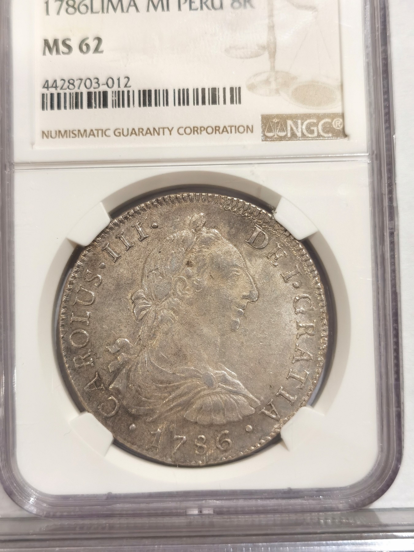 博洋堂世界钱币拍卖第042期周六场（全场包邮）本周五、周六二场连拍 NGC MS62 西属秘鲁1786年卡洛斯三世双柱 8里亚尔 原味粉光 利马卡三一枚可毕业