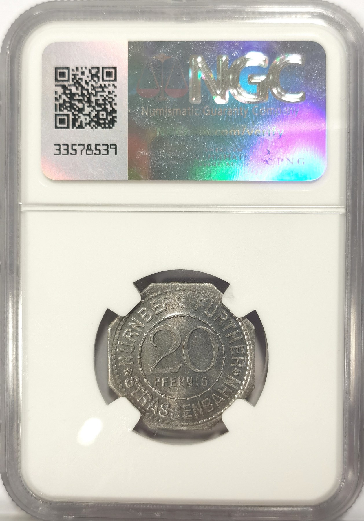 博洋堂世界钱币拍卖第042期周六场（全场包邮）本周五、周六二场连拍 NGC MS64 德国德紧1920年纽伦堡电车代用币20芬尼八角铝币22