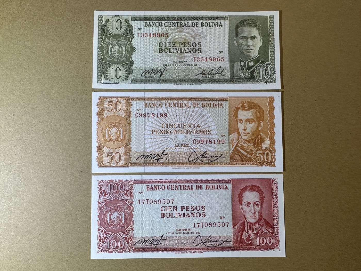 《张总收藏》118期-外币超精品合集 玻利维亚10、50、100玻利瓦尔3张 UNC 1962年