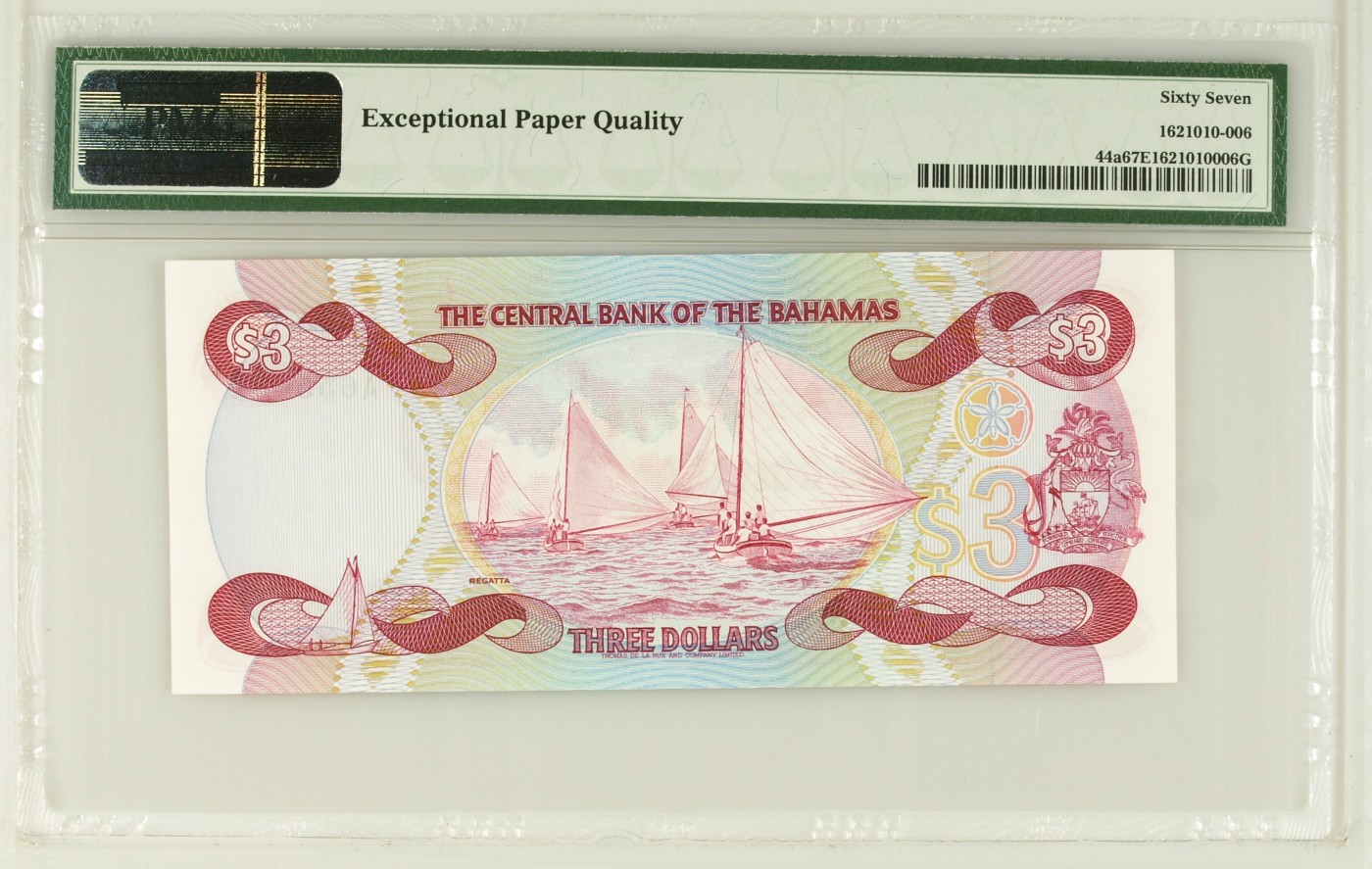 收藏联盟Quantum Auction 第288期拍卖 (已更新) 巴哈马1974 (ND 1984)年3元 PMG67 首发A冠 号码无347