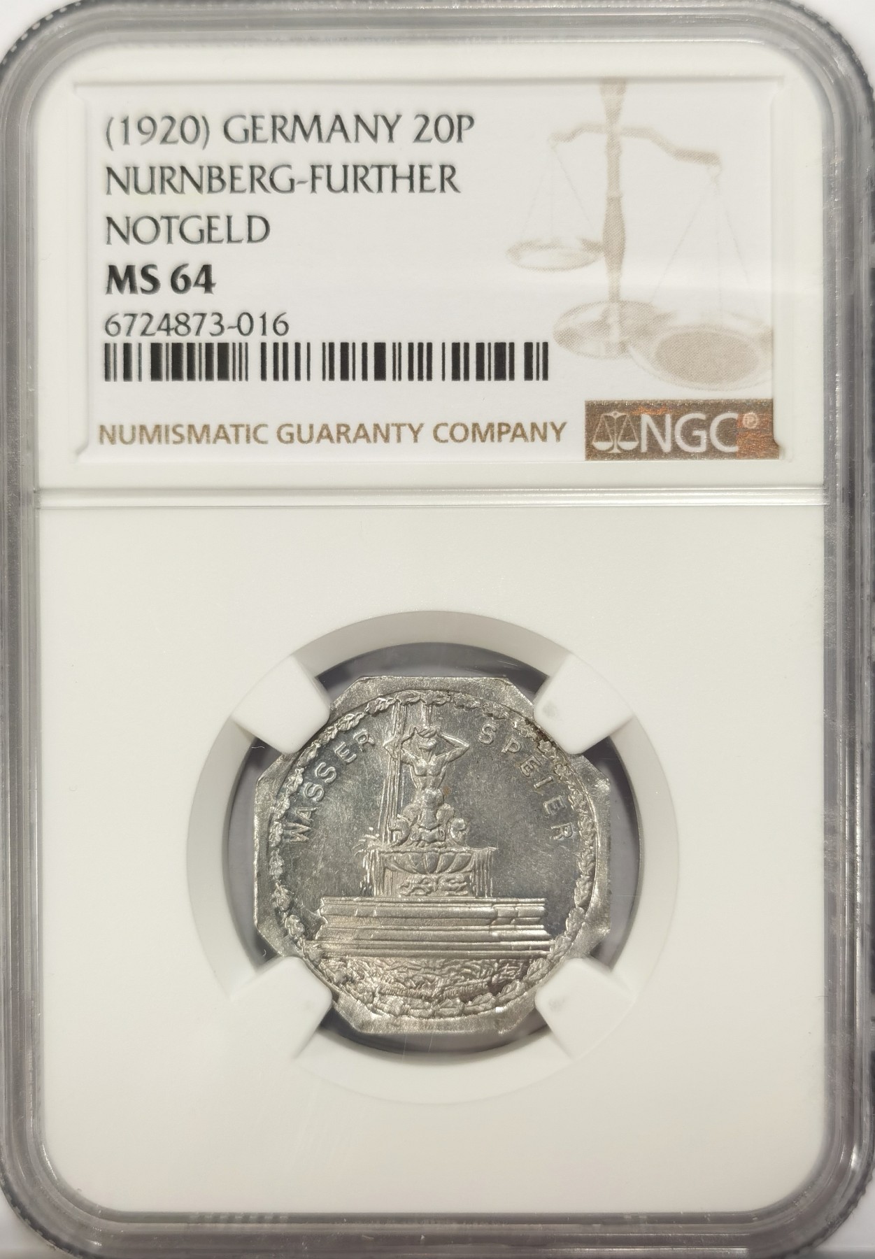 博洋堂世界钱币拍卖第042期周六场（全场包邮）本周五、周六二场连拍 NGC MS64 德国德紧1920年纽伦堡电车代用币20芬尼八角铝币10