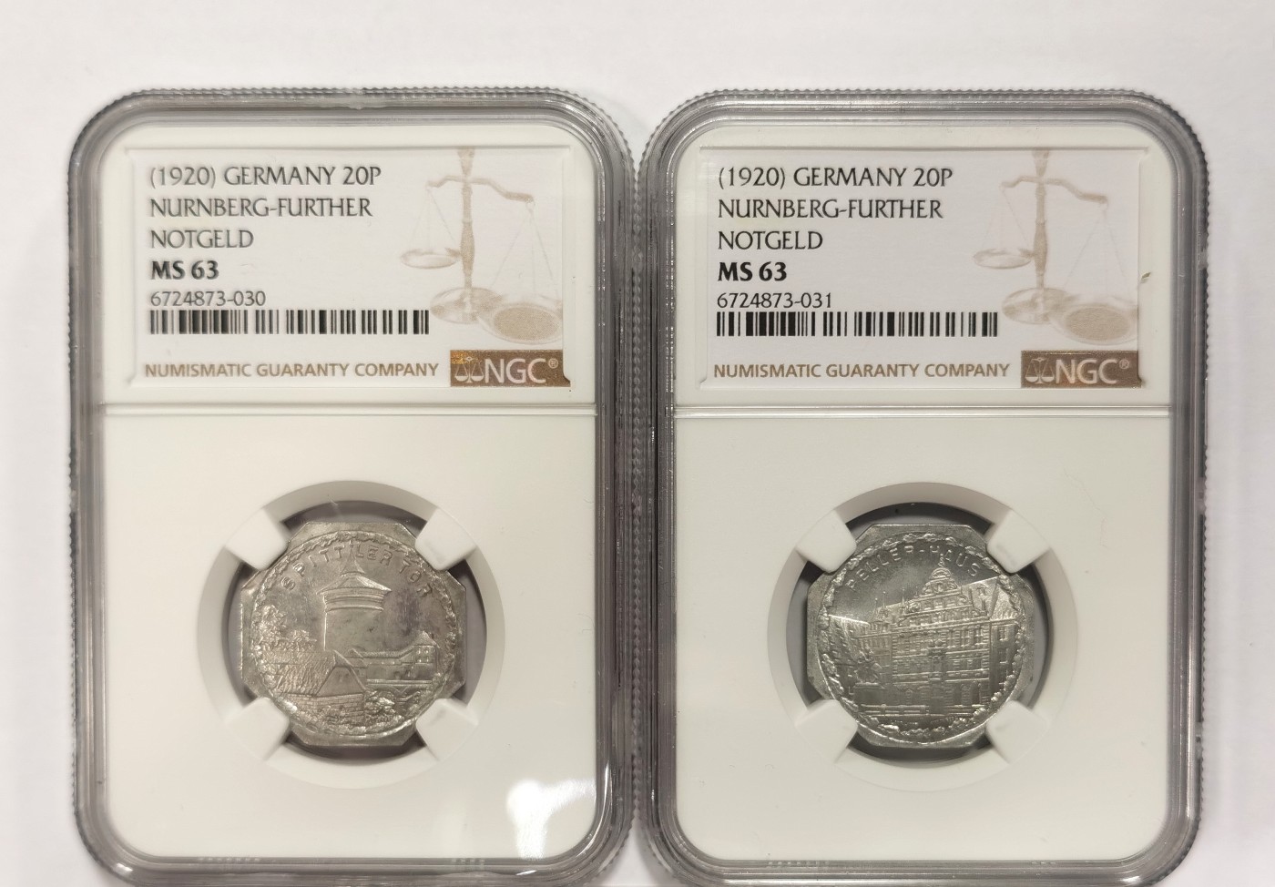 博洋堂世界钱币拍卖第042期周六场（全场包邮）本周五、周六二场连拍 NGC MS63 德国德紧1920年纽伦堡电车代用币20芬尼八角铝币2枚一组