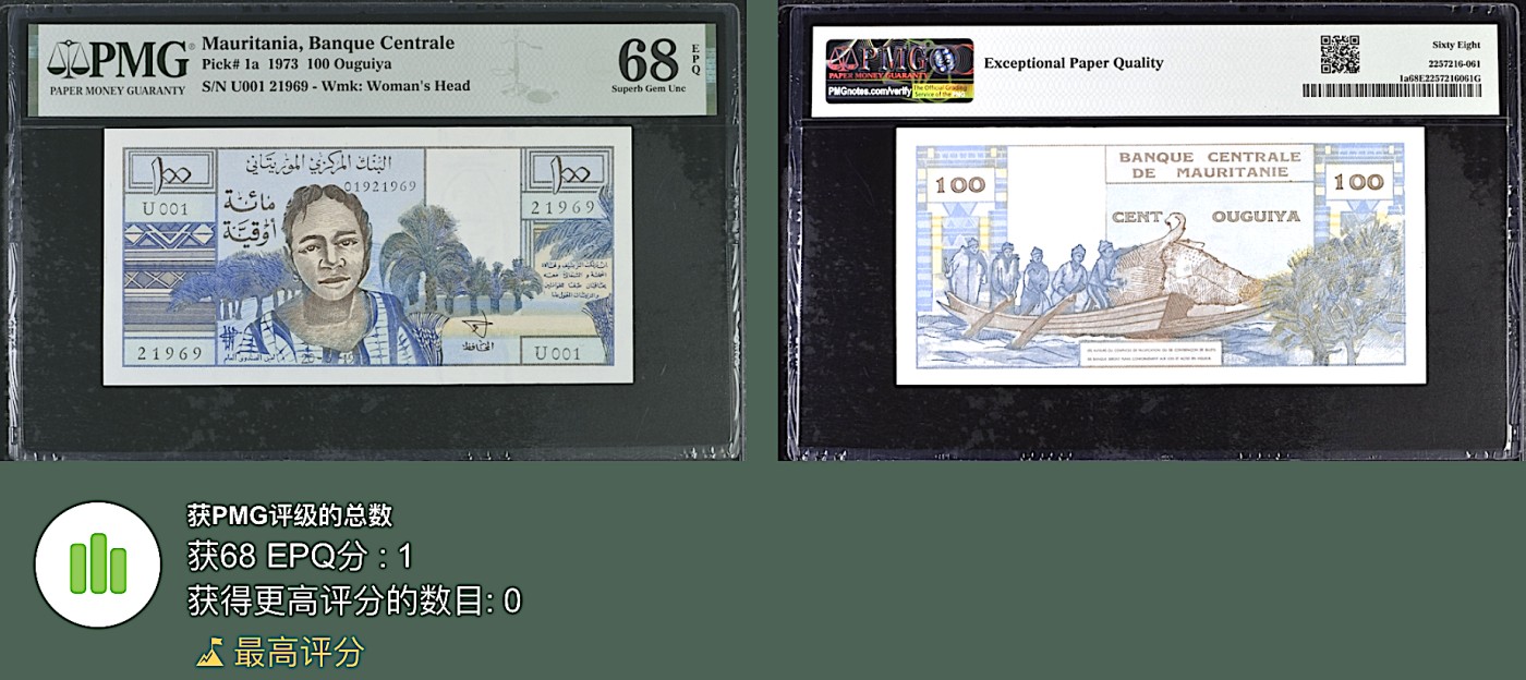 《张总收藏》118期-外币超精品合集 毛里塔尼亚100元 PMG68E 1973年 第一张发行纸币 Pick1 无47 唯一冠军分
