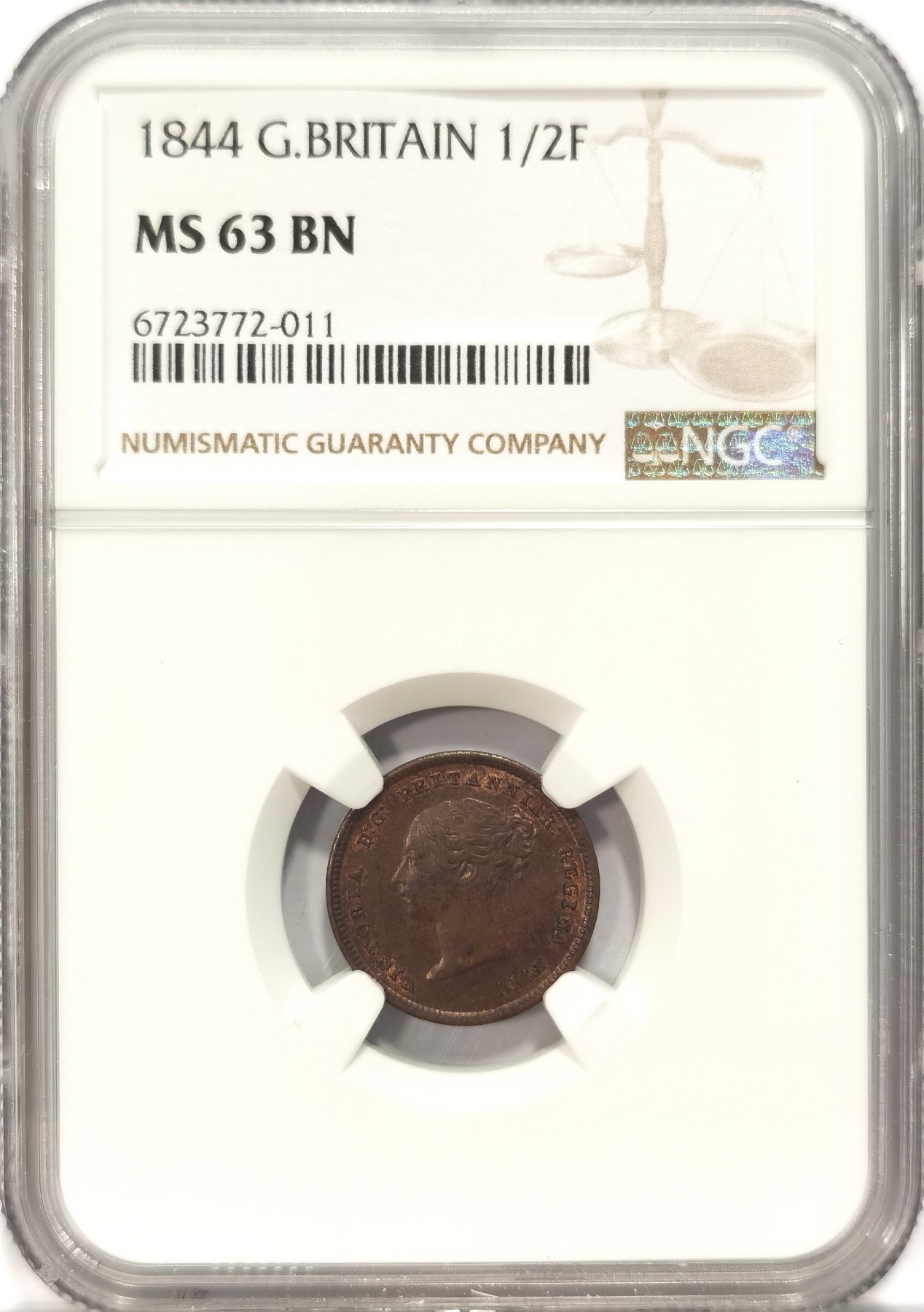 博洋堂世界钱币拍卖第042期周六场（全场包邮）本周五、周六二场连拍 NGC MS63BN 英国1844年小维半法新铜币 铜光醇厚，打制锐利，小面值早期小维非常可爱