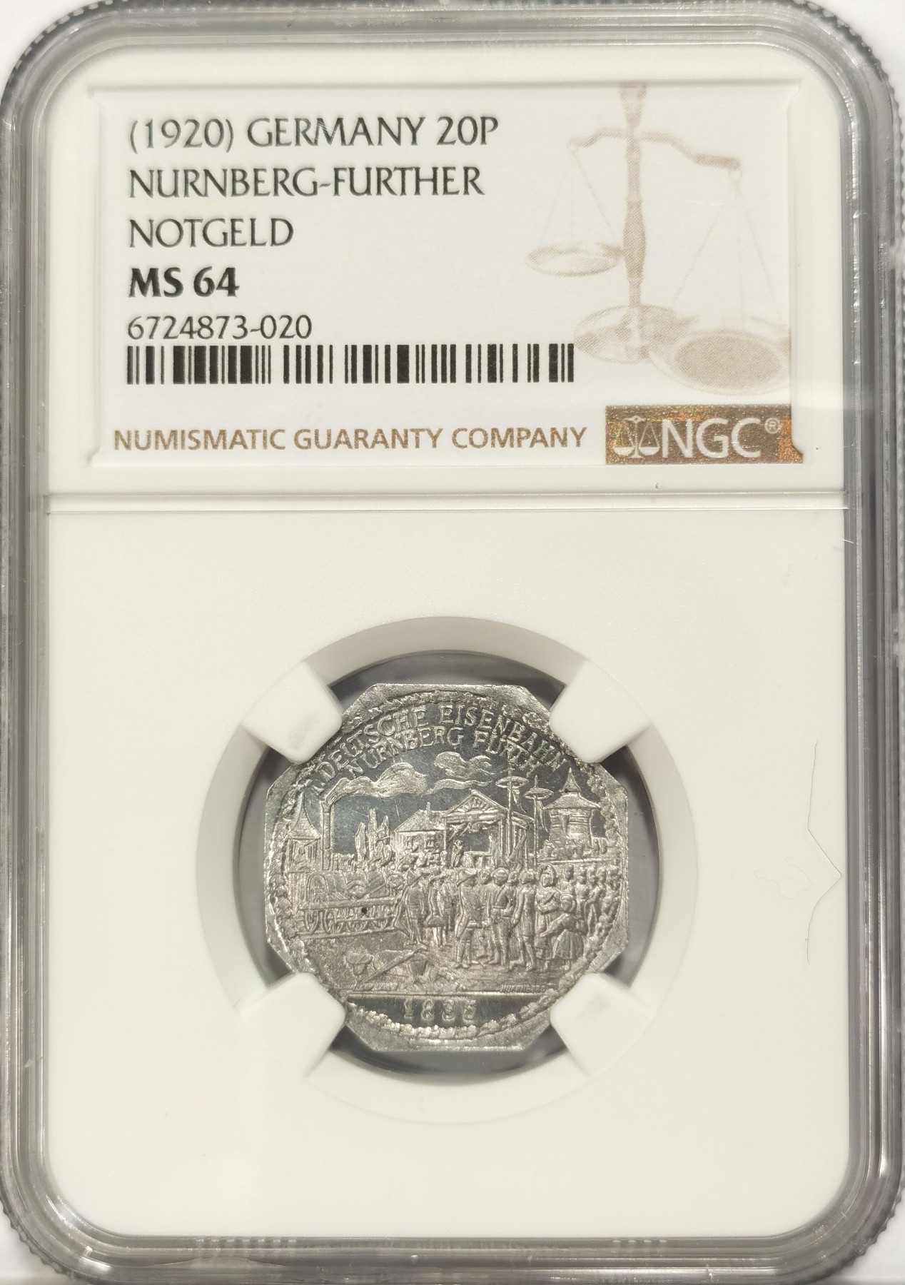 博洋堂世界钱币拍卖第042期周六场（全场包邮）本周五、周六二场连拍 NGC MS64 德国德紧1920年纽伦堡电车代用币20芬尼八角铝币12