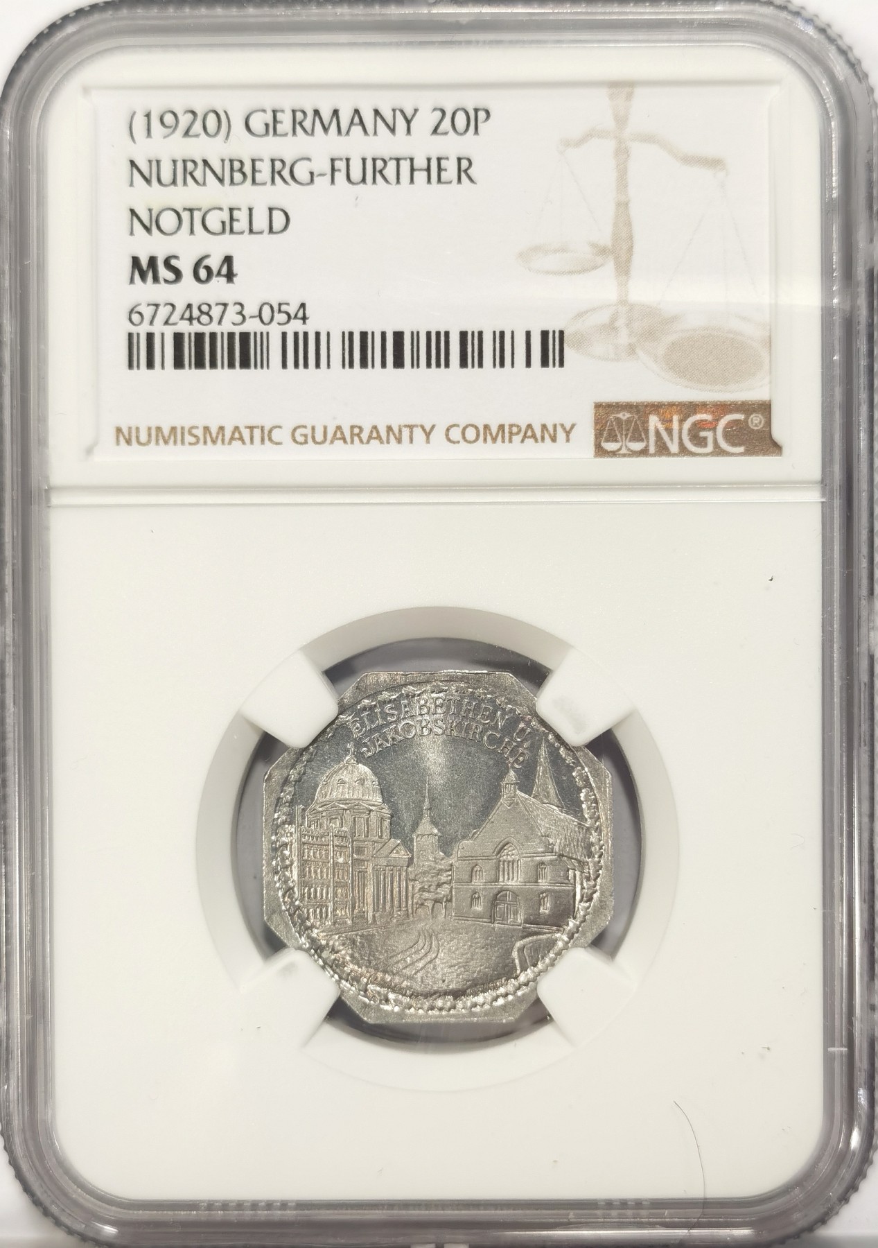 博洋堂世界钱币拍卖第042期周六场（全场包邮）本周五、周六二场连拍 NGC MS64 德国德紧1920年纽伦堡电车代用币20芬尼八角铝币22