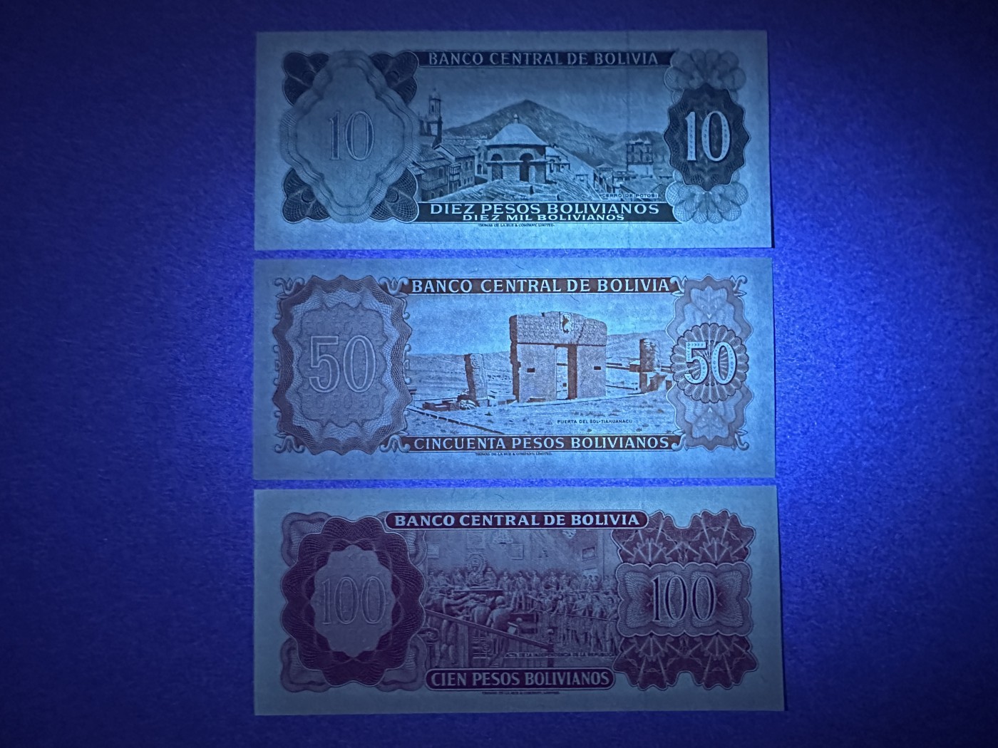 《张总收藏》118期-外币超精品合集 玻利维亚10、50、100玻利瓦尔3张 UNC 1962年