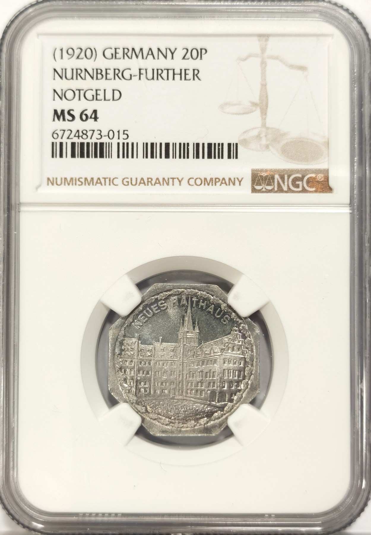 博洋堂世界钱币拍卖第042期周六场（全场包邮）本周五、周六二场连拍 NGC MS64 德国德紧1920年纽伦堡电车代用币20芬尼八角铝币9