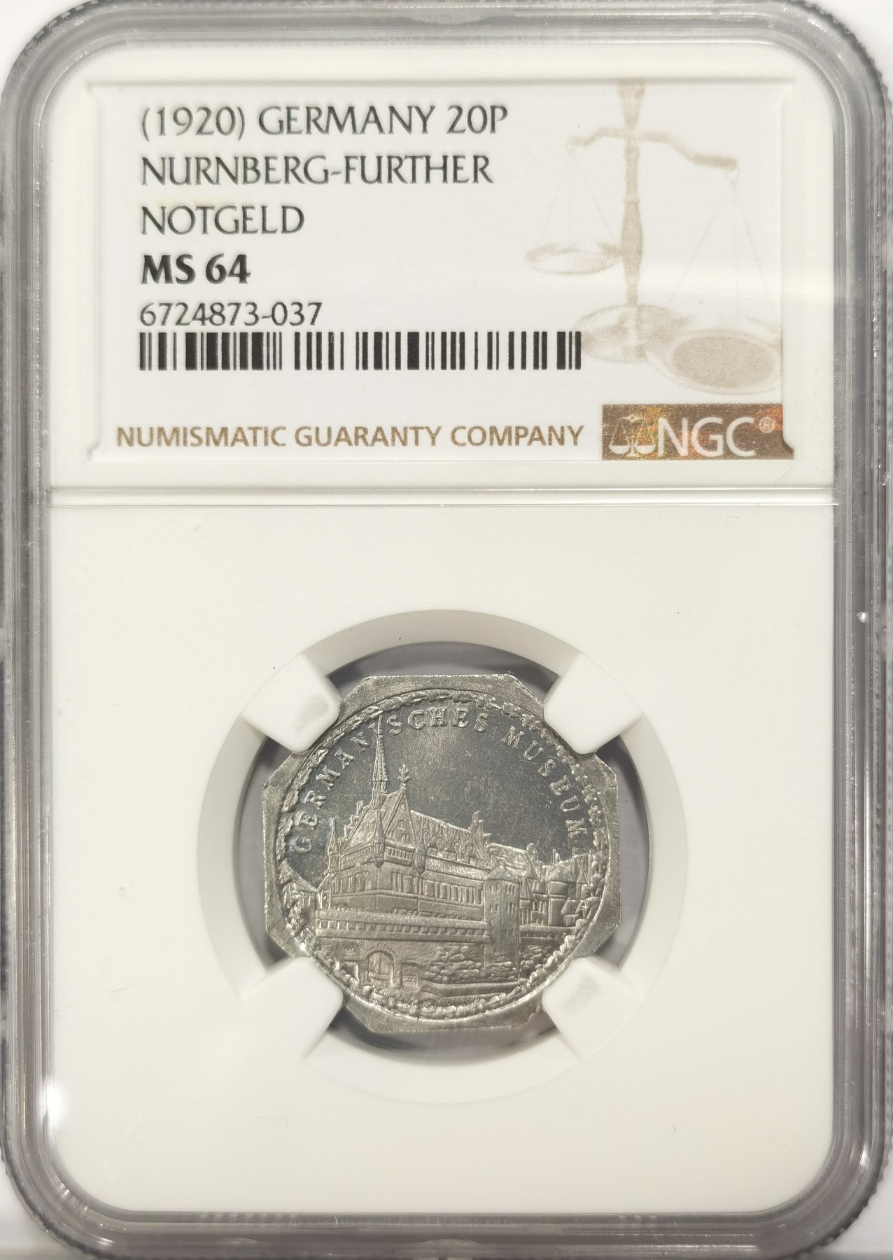 博洋堂世界钱币拍卖第042期周六场（全场包邮）本周五、周六二场连拍 NGC MS64 德国德紧1920年纽伦堡电车代用币20芬尼八角铝币19