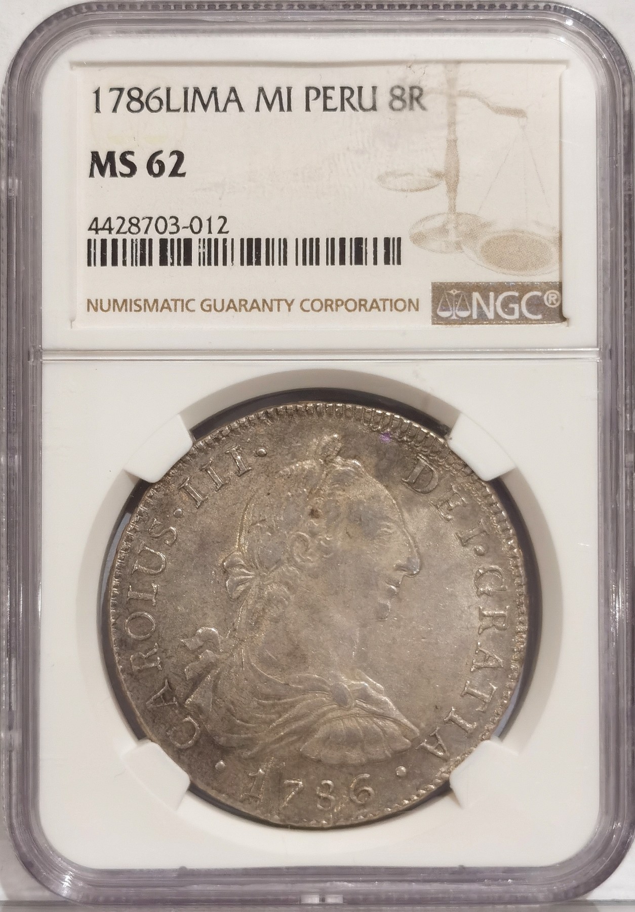 博洋堂世界钱币拍卖第042期周六场（全场包邮）本周五、周六二场连拍 NGC MS62 西属秘鲁1786年卡洛斯三世双柱 8里亚尔 原味粉光 利马卡三一枚可毕业