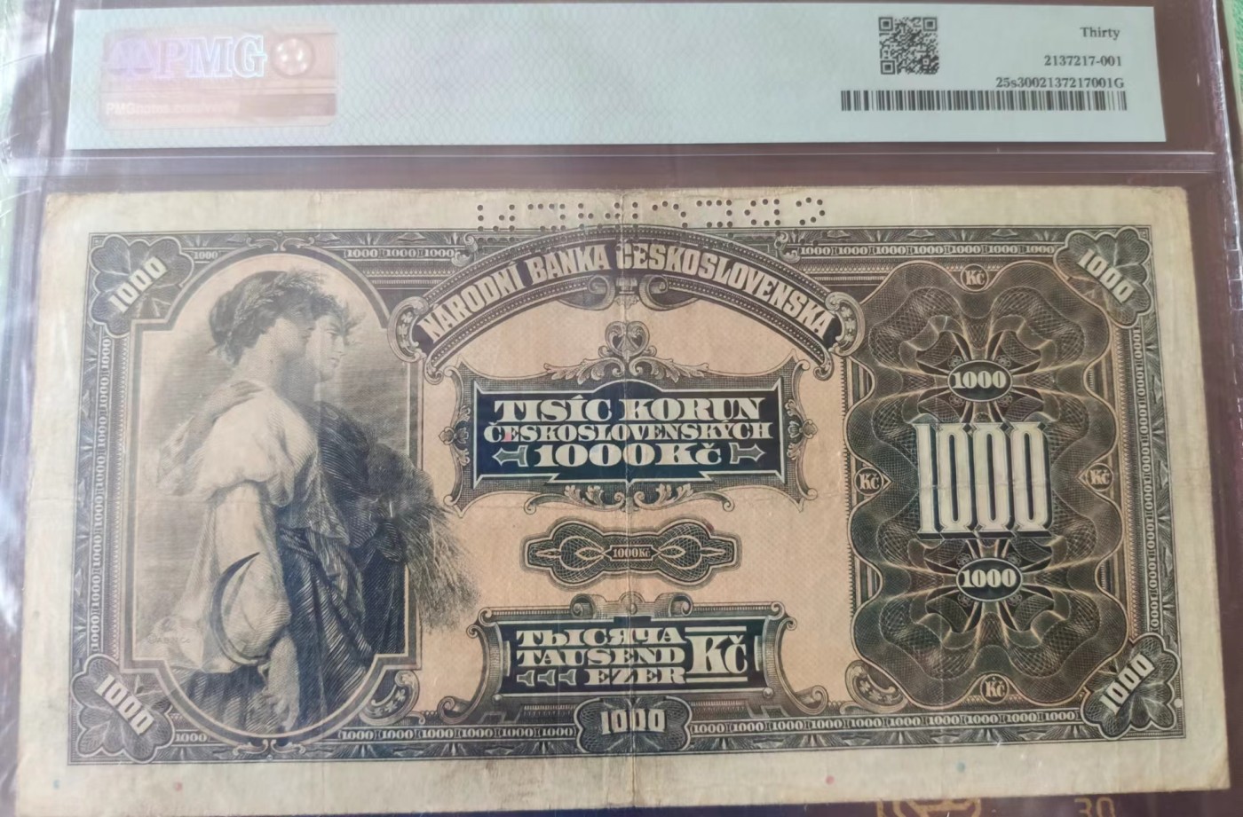 传世大珍捷克1932年1000克朗票样大经典大天使 