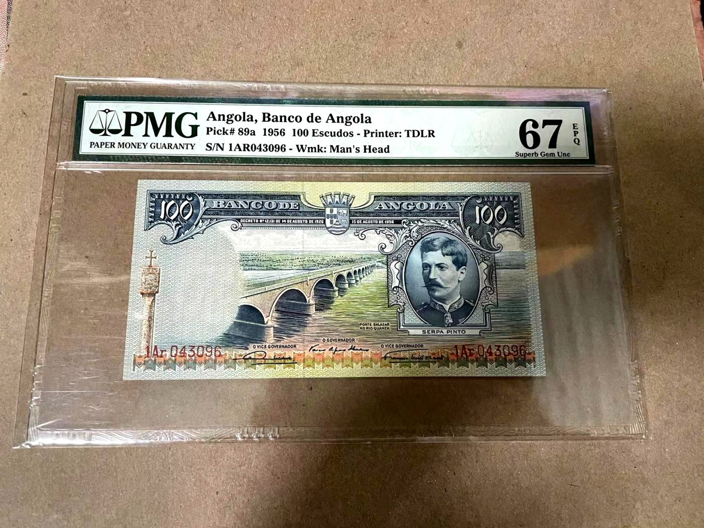 【Blue Auction】✨世界纸币精拍第369期【精】 【唯一冠军分】安哥拉 1956年100埃斯库多 背面象群 非常漂亮 PMG67EPQ 高分