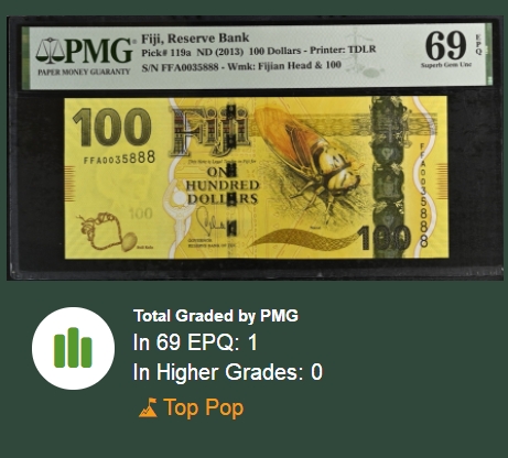【Blue Auction】✨世界纸币精拍第369期【精】 【FFA首发冠888豹子号 唯一冠军分】斐济 2013年100元 大金蝉 PMG69EPQ 近满分 