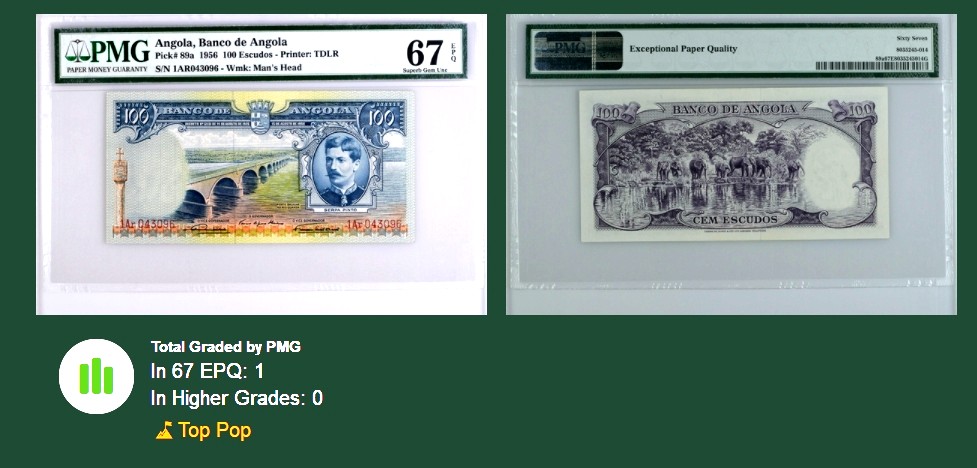 【Blue Auction】✨世界纸币精拍第369期【精】 【唯一冠军分】安哥拉 1956年100埃斯库多 背面象群 非常漂亮 PMG67EPQ 高分
