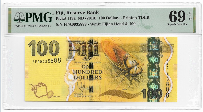 【Blue Auction】✨世界纸币精拍第369期【精】 【FFA首发冠888豹子号 唯一冠军分】斐济 2013年100元 大金蝉 PMG69EPQ 近满分 