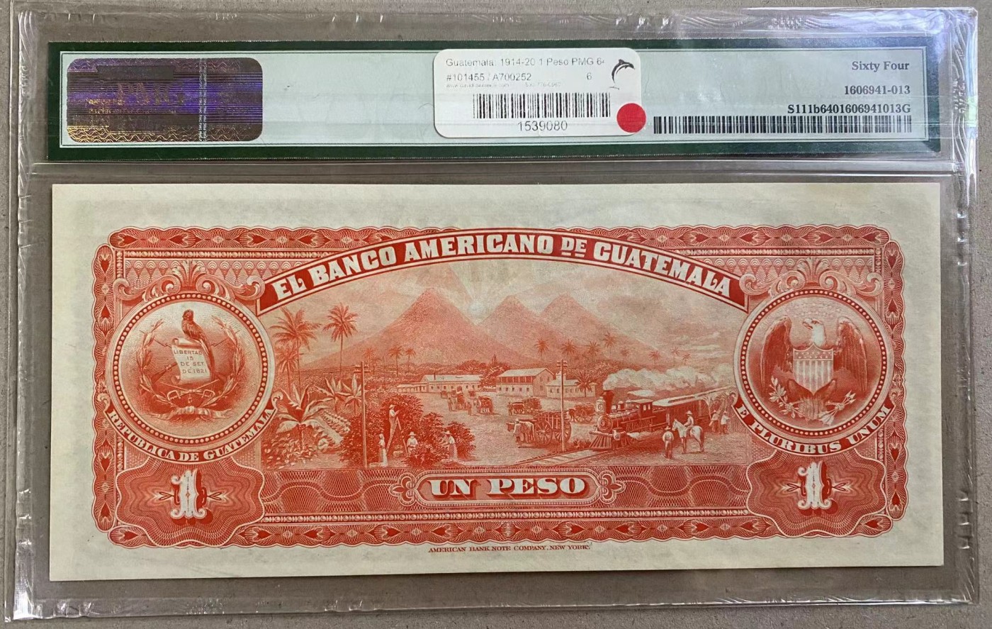 【Blue Auction】✨世界纸币精拍第369期【精】 危地马拉 1914-20年1比索 PMG64 实钞好品 大票幅雕刻精美 美钞公司出品 背面著名的富埃戈火山