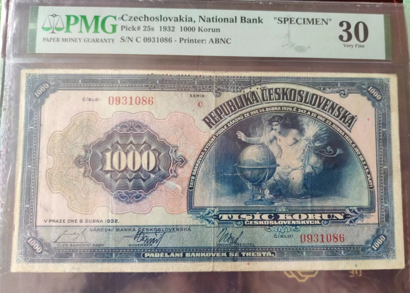 传世大珍捷克1932年1000克朗票样大经典大天使 